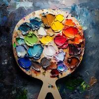 A palette of paint with a wooden board. The palette has a variety of colors including blue, green, red, and yellow photo