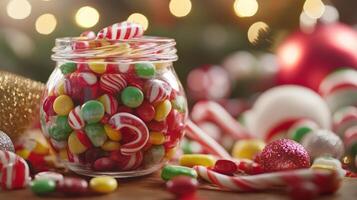 Jar full of candy is on a table with a Christmas tree ornament and other decorations. The candy is a mix of red, green photo