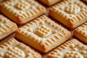 A close-up view of crunchy golden biscuits showcasing textured patterns. Perfect for snacks, treats, or companion to beverages, these biscuits offer delightful bites. photo