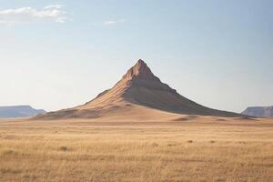 A mountain is in the distance with a large hill in the foreground. The sky is clear and the sun is shining brightly photo
