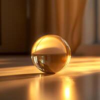 A golden glass sphere rests on a sunlit wooden floor, casting warm reflections and creating a serene ambiance in a minimalist interior. photo