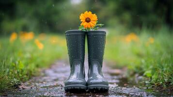 Yellow Flower in Rain Boots on a Rainy Day photo