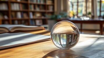 A glass ball is sitting on a table. The table is in a room with a lot of books photo