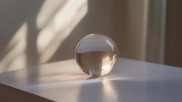 A glass sphere sits on a sunlit table, casting soft shadows in a minimalist interior with warm tones. photo