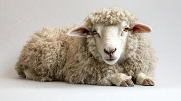 A sheep with a fluffy coat is laying down on a white background. The sheep's face is visible, and it is looking at the camera. Concept of calm and relaxation photo
