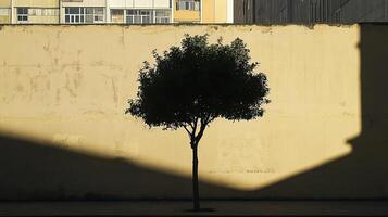 A lone tree stands against a sunlit urban wall, creating a striking minimalist cityscape with bold contrasts and shadows. photo