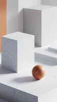 Abstract minimalist scene featuring a marble sphere on textured concrete blocks, showcasing geometric shapes and natural lighting. photo