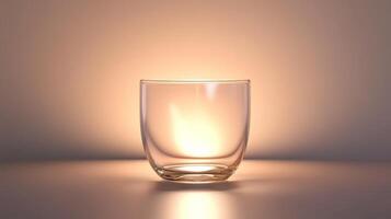 A transparent glass cup illuminated by warm backlighting, perfect for themes of elegance, simplicity, and modern interior design. photo