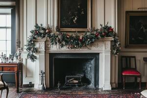 Fireplace with a red mantle and a painting above it. The room is decorated for Christmas photo