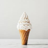 A delicious soft serve ice cream cone featuring smooth, creamy texture with swirled topping. Perfect for summer days, this refreshing treat offers joy and indulgence. photo