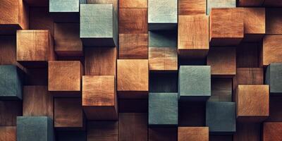 A detailed view of textured wooden blocks arranged in a geometric pattern, showcasing various shades and surfaces. Ideal for backgrounds and design inspiration. photo