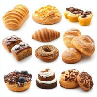A collection of various pastries and baked goods, including donuts, muffins, and croissants photo