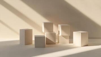 A serene composition featuring white cubes arranged artfully on a neutral backdrop, highlighting the interplay of light and shadow in a minimalist setting. photo