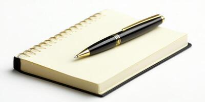A sleek black pen placed on an open blank notebook with cream-colored pages, set against a white background, perfect for writing or journaling themes. photo