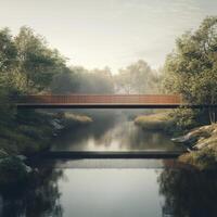 Wooden Bridge Over a Misty River Landscape photo
