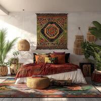 Embrace a cozy bohemian bedroom featuring vibrant textiles, natural decor, and lush greenery. Ideal for those seeking a warm and inviting atmosphere. photo