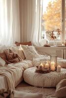 This image showcases a cozy and inviting living room bathed in natural light, featuring soft textiles, warm colors, and a serene atmosphere, perfect for relaxation. photo