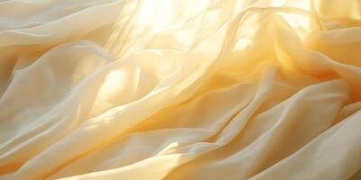 Close-up of soft golden fabric with gentle folds, illuminated by sunlight, creating a warm and elegant texture. photo