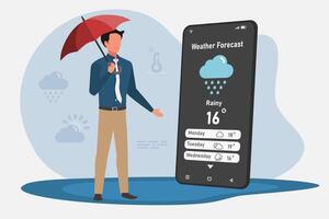 Man holding an umbrella while checking the weather forecast on his smartphone vector