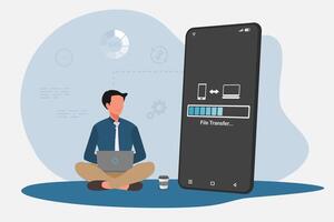 Businessman transfer files from mobile phone to laptop. Backup, copy file and media or exchange data concept. vector