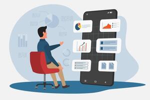 A businessman showing a virtual screen of financial and business data analysis graphs on a smartphone vector