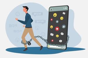 Someone who is addicted to playing social media on a smartphone concept. Man tied to his smartphone with chain. vector