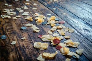 A vibrant mix of colorful chips and crisps scattered across a rustic wooden surface, creating a visually appealing snack arrangement perfect for food photography. photo