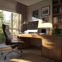Stylish Modern Office Workspace with Ergonomic Design and Cozy Ambiance photo