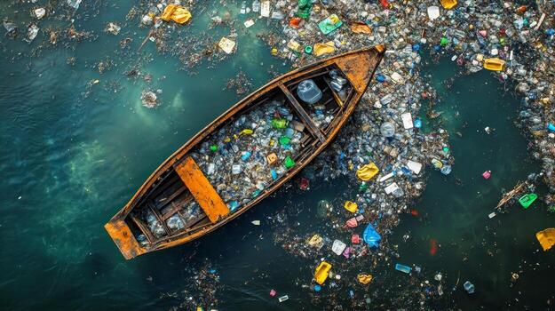 An aerial view of a boat surrounded by an overflowing patch of plastic waste in a polluted waterway. The image highlights environmental issues and the impact of pollution. photo