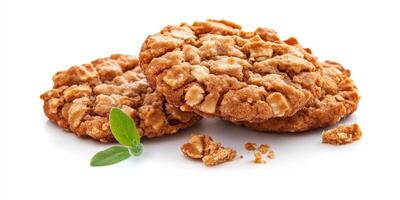 Three cookies with nuts on top and a leaf on the bottom. The cookies are on a white background photo