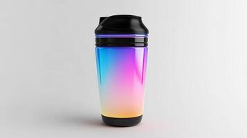 Vibrant travel mug with a gradient design and black lid, perfect for modern lifestyles and beverage enthusiasts. photo