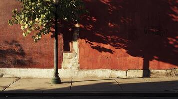 A serene urban street scene featuring a red brick wall, a classic lamp post, and tree shadows in warm afternoon sunlight. photo