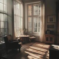 A warm, inviting living room with sunlight streaming through large windows, highlighting elegant furniture and decor. photo