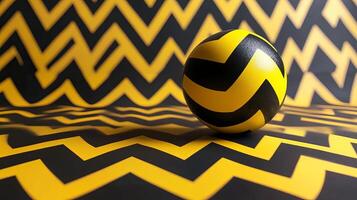 A striking 3D sphere set against a bold yellow and black zigzag pattern, perfect for modern design and art projects. photo