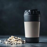 A stylish coffee cup placed beside a pile of cookie crumble, set against a dark surface. This image captures the perfect combination of indulgence and refreshment. photo