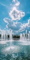 Captivating view of a fountain with water jets againkdrop of dramatic clouds and sunlight in a lively city park. photo