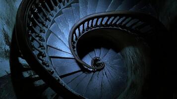 A haunting spiral staircase captured in low light, highlighting its dramatic curves and mysterious ambiance. photo