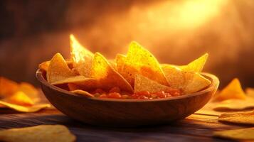 Enjoy a vibrant scene featuring crispy tortilla chips served with fresh salsa in a wooden bowl, perfect for gatherings and delicious snacking experiences. photo