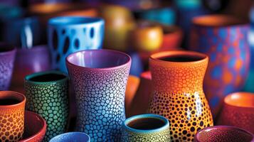 A collection of colorful vases with different patterns and designs. Some are tall and thin, while others are short and wide photo