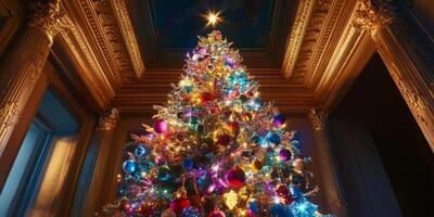 Vibrant Christmas tree adorned with colorful lights and ornaments in an opulent room, creating a festive holiday atmosphere. photo