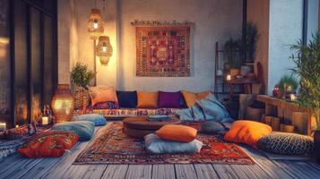 A living room with a rug and pillows. There are many pillows on the floor and a coffee table photo