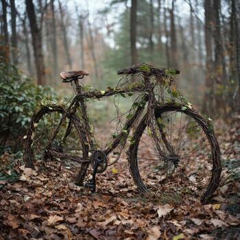 Discover the Beauty of Nature with a Bicycle Adorned by Vines in a Serene Woodland Setting photo