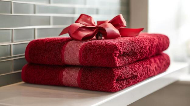 Two red towels with a red ribbon on top of them. The towels are stacked on a shelf photo