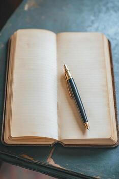 Open blank journal with a pen on a rustic table, perfect for writing, journaling, or sketching in a cozy setting. photo