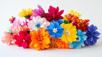 A vivid collection of handcrafted paper flowers in various colors, beautifully arranged against a plain white backdrop. photo