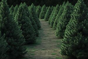 A scenic view of a pathway through a dense evergreen forest, lined with lush pine trees, creating a peaceful natural atmosphere. photo