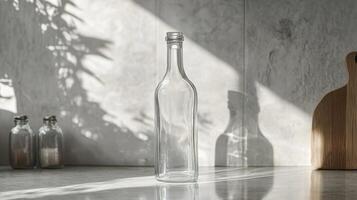 A clear glass bottle casting shadows on a marble countertop, showcasing minimalist kitchen decor in natural sunlight. photo