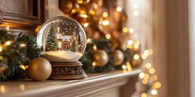A snow globe with a winter scene sits on a mantel adorned with Christmas lights and ornaments, creating a warm holiday atmosphere. photo