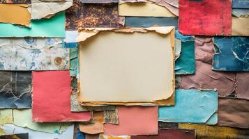 A wall made of paper with a white square in the middle. The paper is torn and crumpled photo