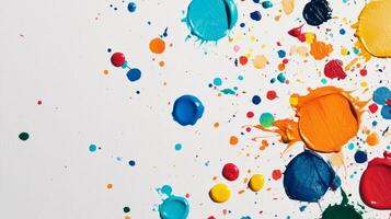 A vibrant abstract paint splatter on a white canvas, showcasing a mix of colorful dots and splashes. photo